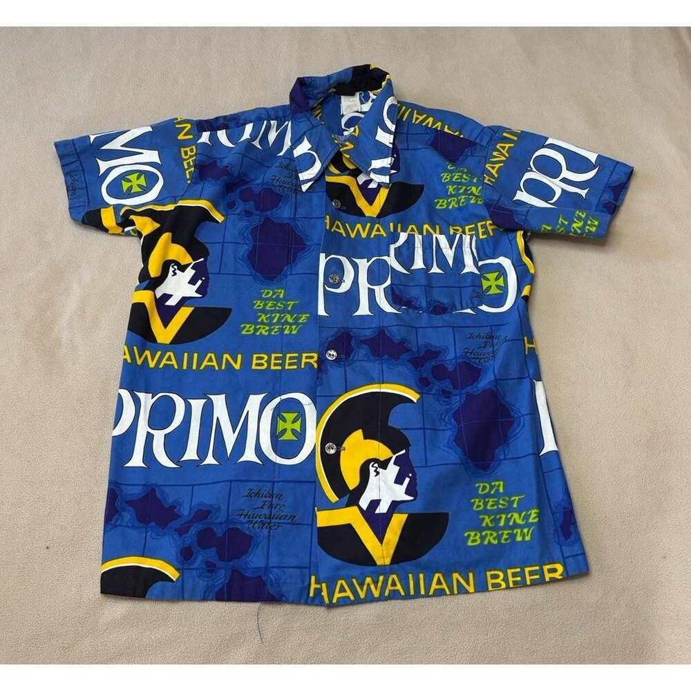 Vintage Hawaiian Holiday Primo Beer Shirt Size XL Ichiban Made in Hawaii Blue